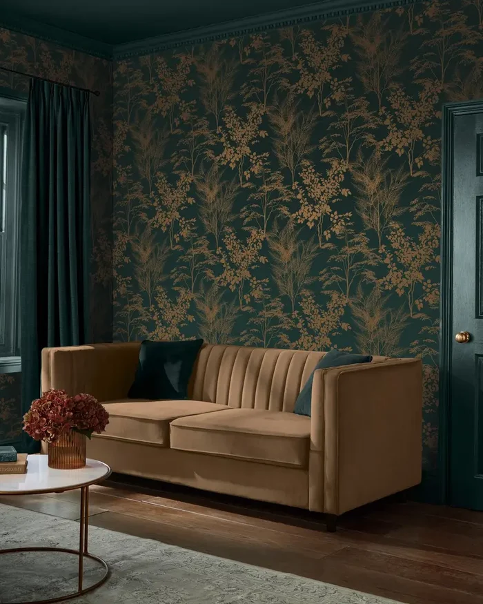 Living room shot of soft and mystic petrol wallpaper