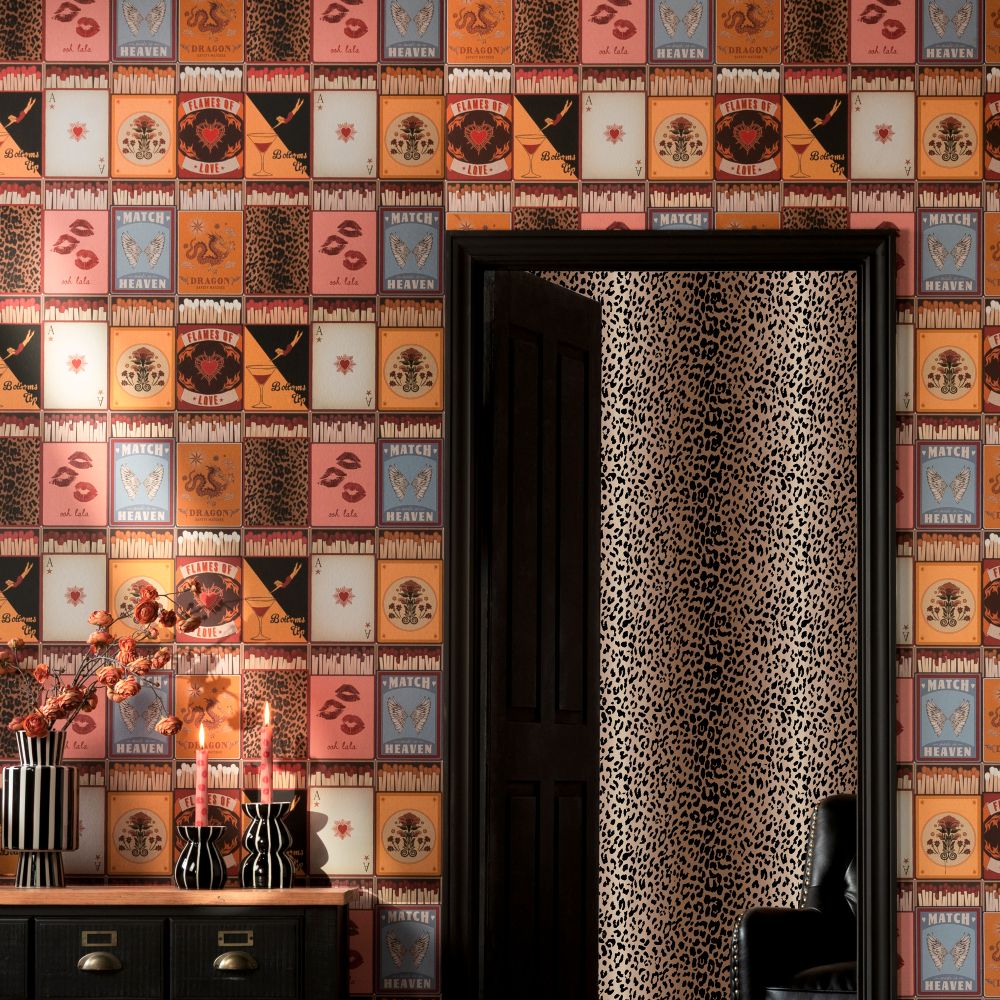 Rockett St George The Perfect Match Golden Hour Wallpaper in a hallway looking into a room with the Rockett St George Wild at Heart Leopard Tan Wallpaper