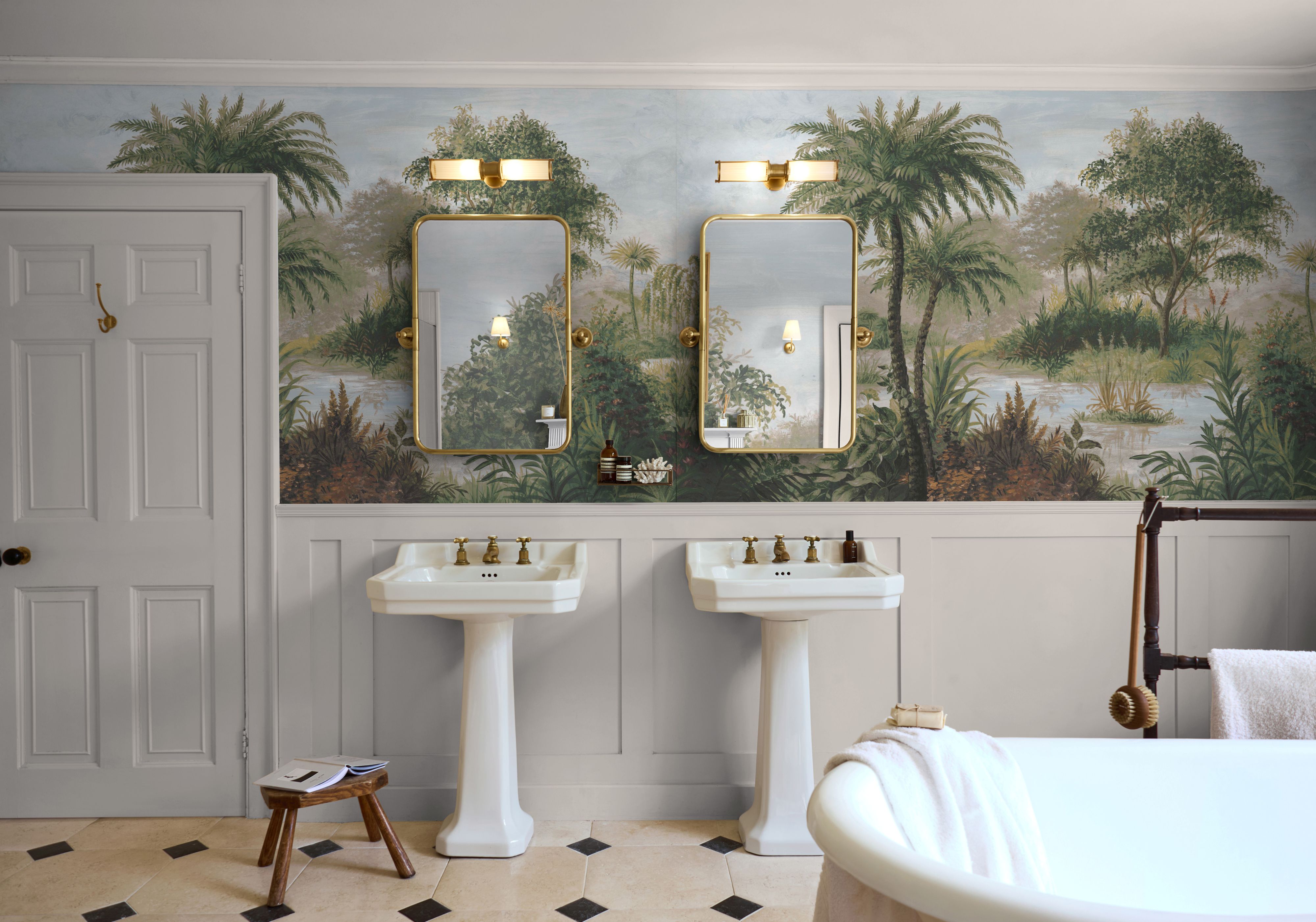 Caelum Palms Sage Mural in a bathroom setting with twin sinks and warm panelling painted in Honet Pot interior eggshell