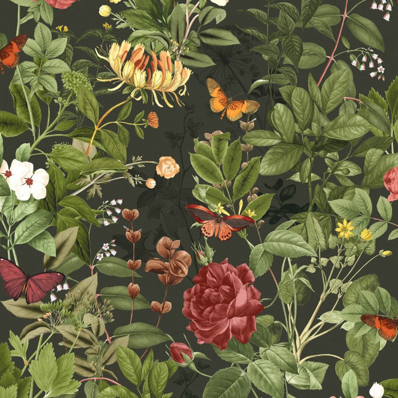 Bodnant Garden wallpaper design detail in a forest green colourway
