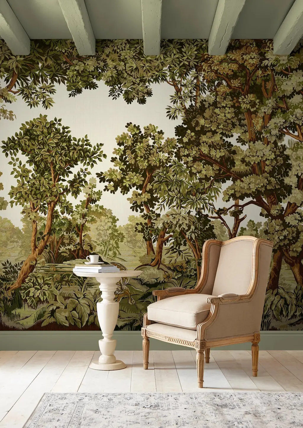 A roomset with chair and side table featuring Bodenham bespoke mural
