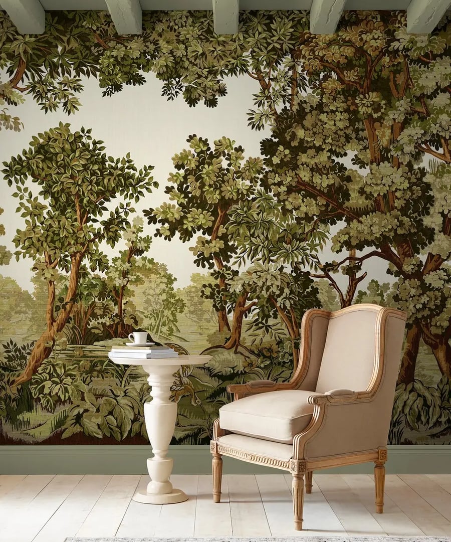 A roomset with chair and side table featuring Bodenham bespoke mural