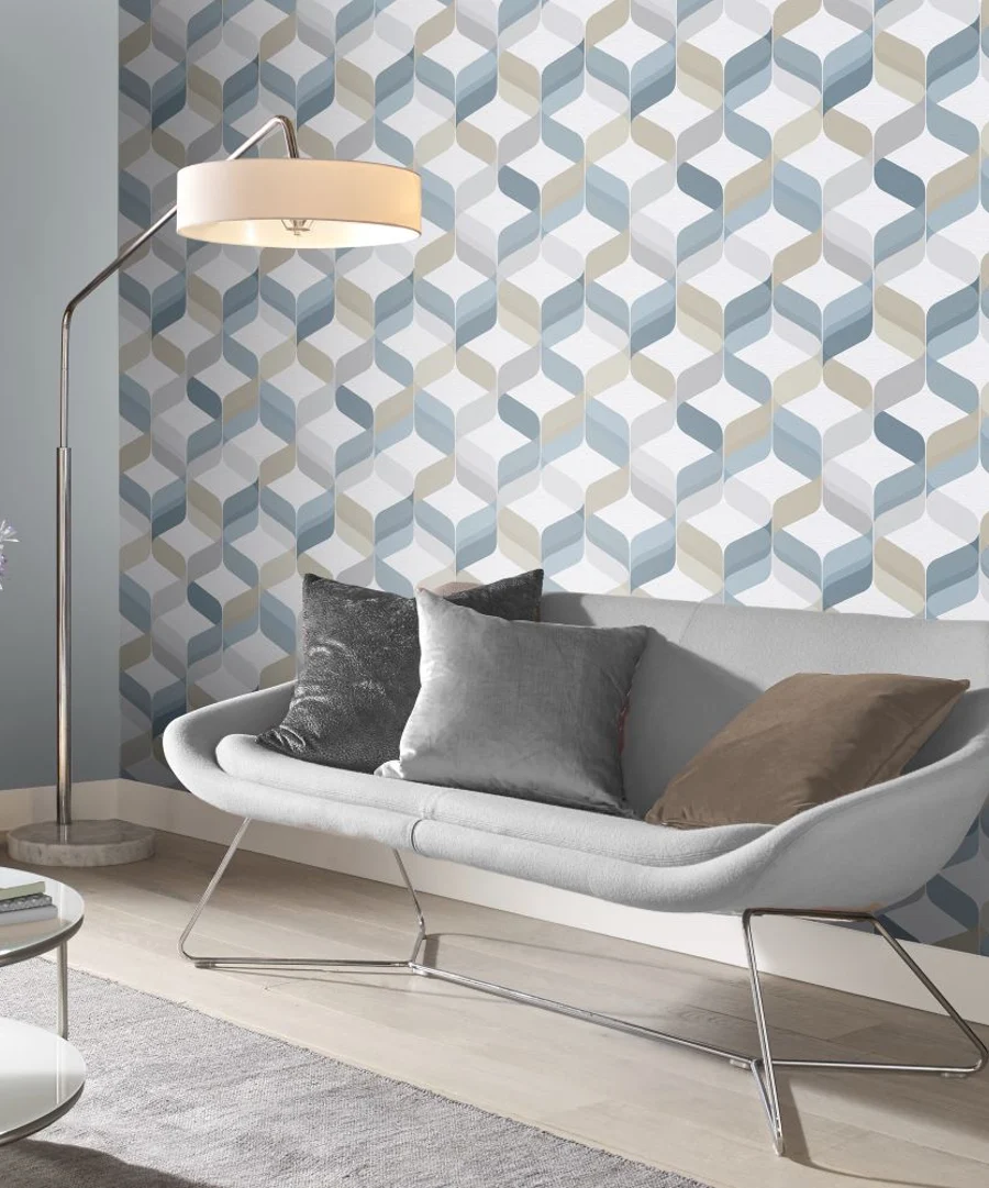 Room set featuring sofa, lamp and retro denim wallpaper