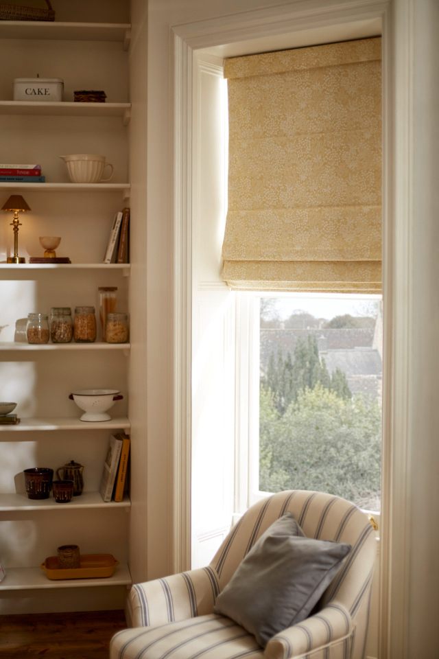 Daisyfield Cremebrulee Rollo in einem Wohnzimmerfenster