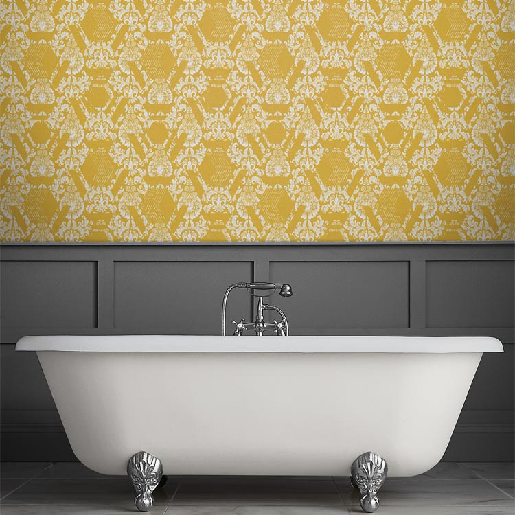 Mustard Yellow wallpaper in bathroom