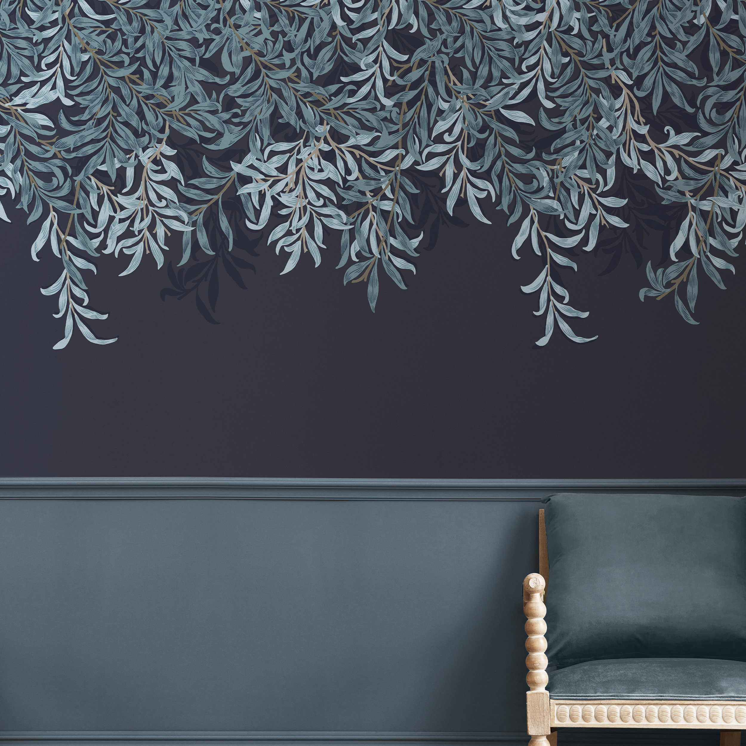 William Morris At Home Willow Bough Navy Bespoke Mural in a room with chair