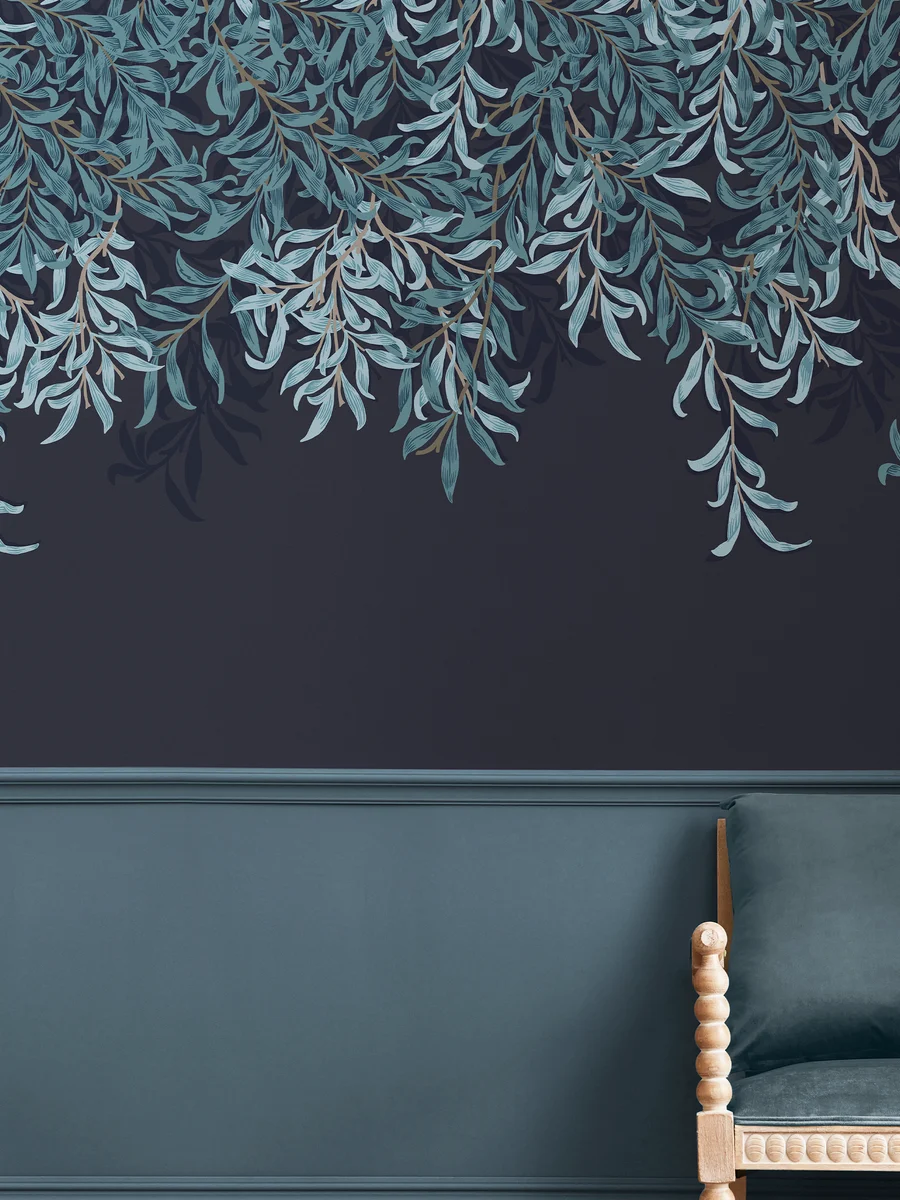 William Morris At Home Willow Bough Navy Bespoke Mural in a room with chair