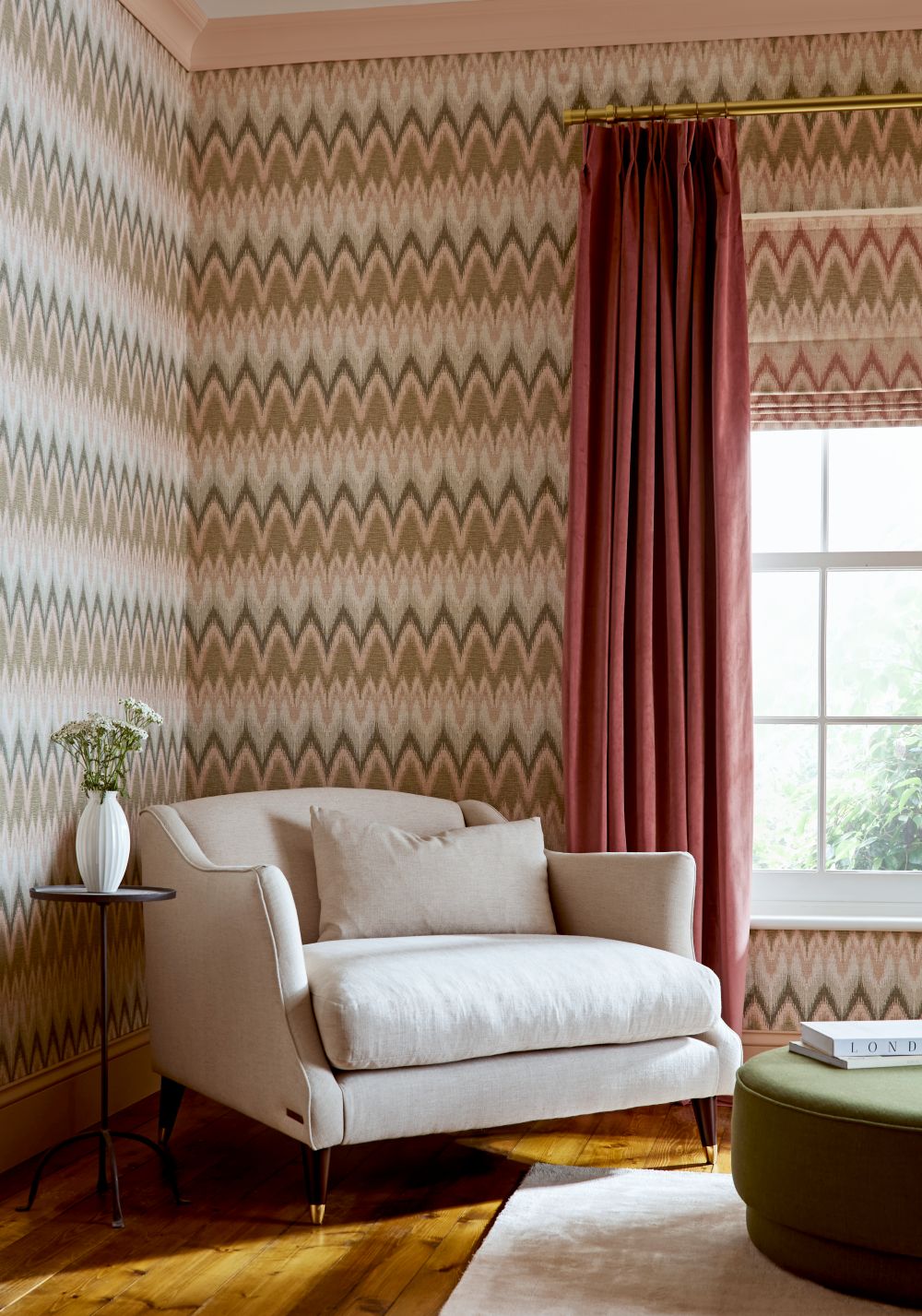 ZigZagare Green Roman Blind with Opulence Vintage Mulberry curtains and Roselle Grove Dusky Pink wallpaper in a bedroom setting