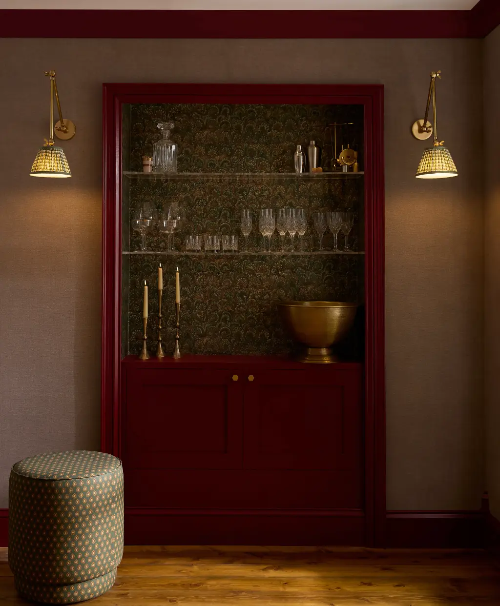 image of cupboard in roger red paint, truffle peacock wallpaper and dobby pouffe
