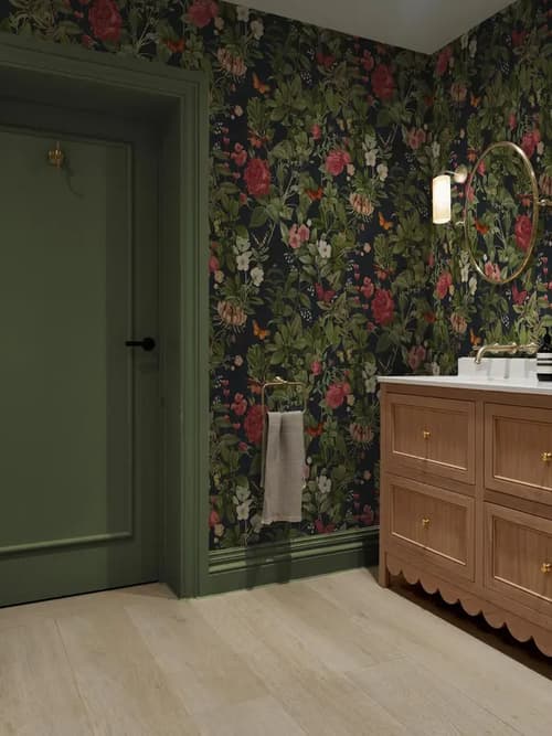 bathroom room set featuring bodnant garden navy wallpaper and forest paint