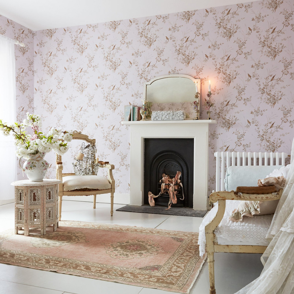 Bird Chinoiserie Pink and Gold Wallpaper - Shabby Chic by Rachel Ashwell