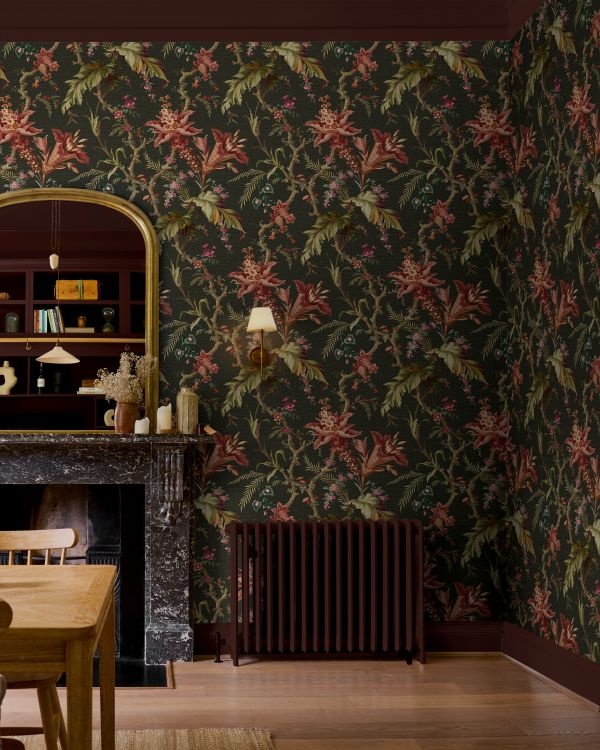 Arbour Press Forest Wallpaper with Chilli Cocoa Interior Eggshell on the skirtings in a dining room setting