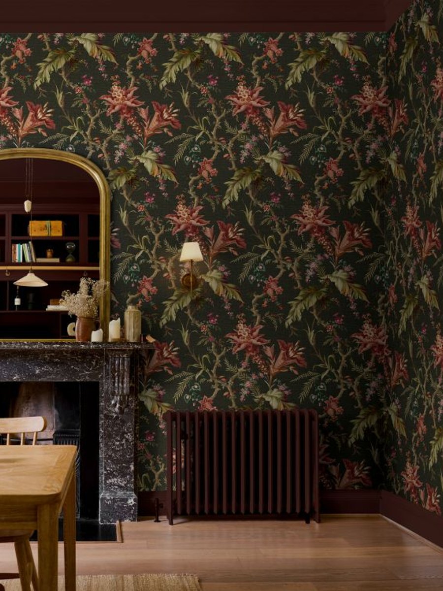 Arbour Press Forest Wallpaper with Chilli Cocoa Interior Eggshell on the skirtings in a dining room setting