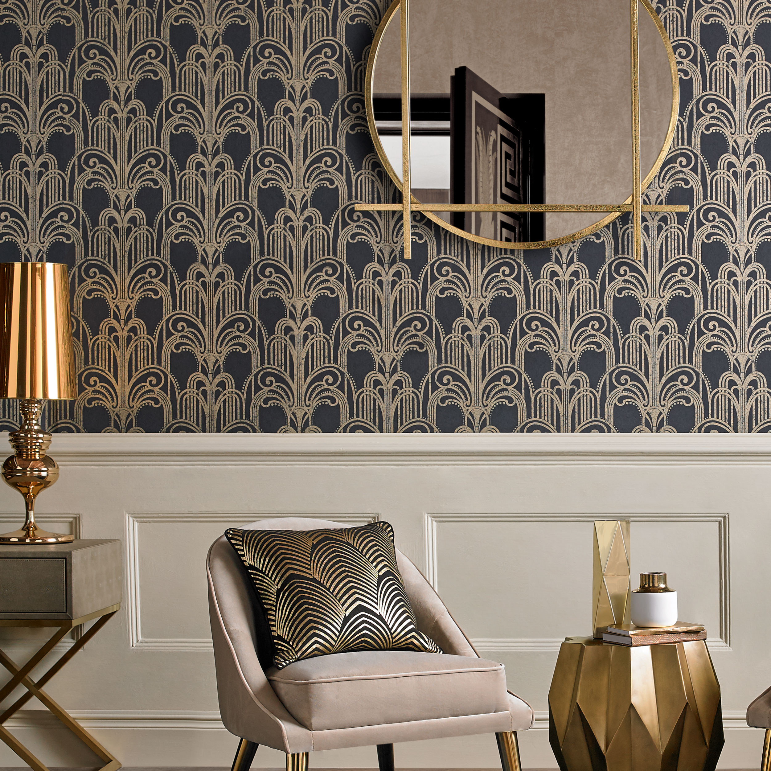 Graham & Brown Art Deco wallpaper in a living room