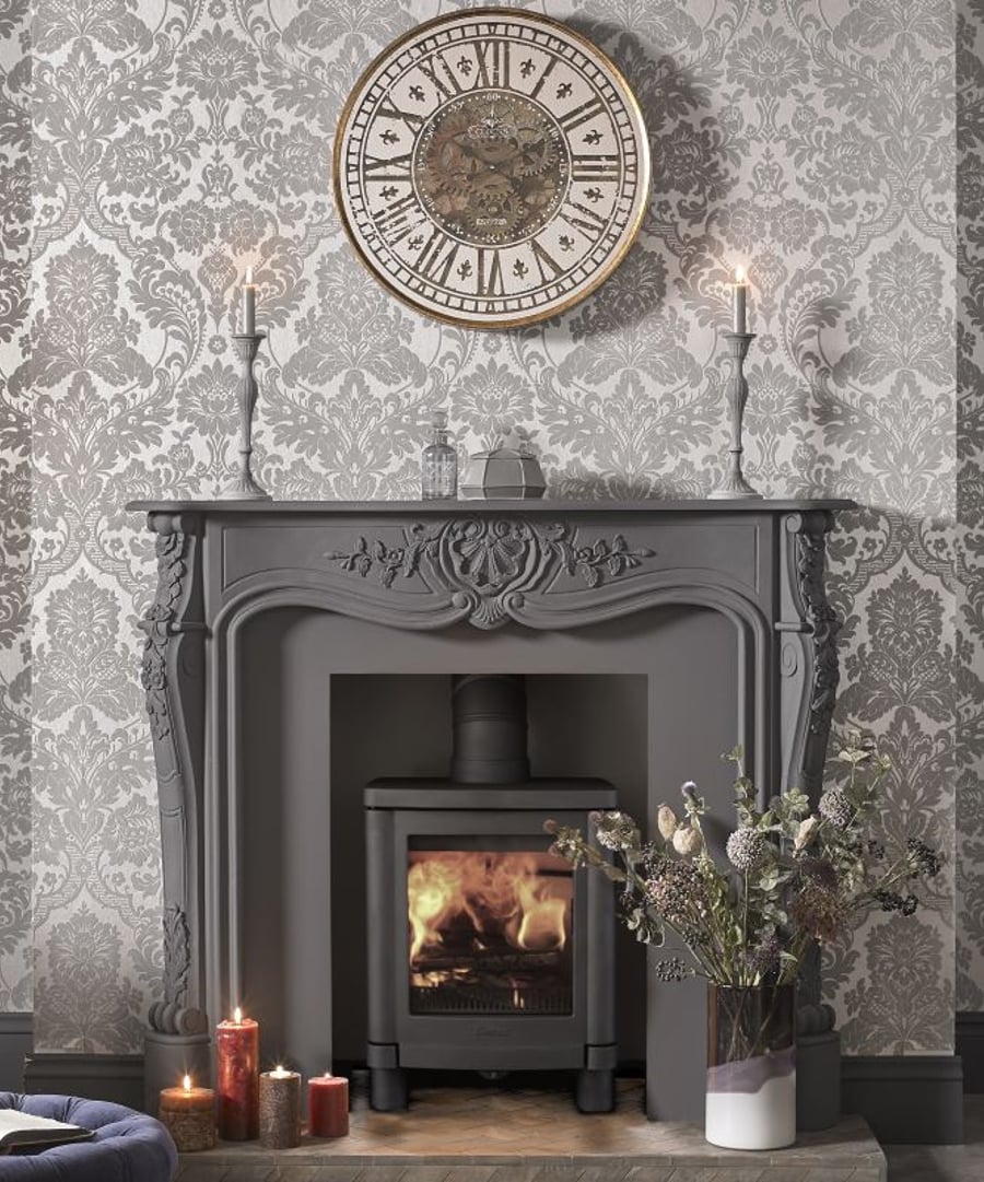 Gothic silver & grey damask wallpaper
