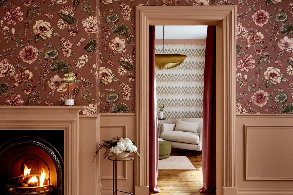 Roselle Grove Dusky Pink floral wallpaper A/B roll design in a hallway setting