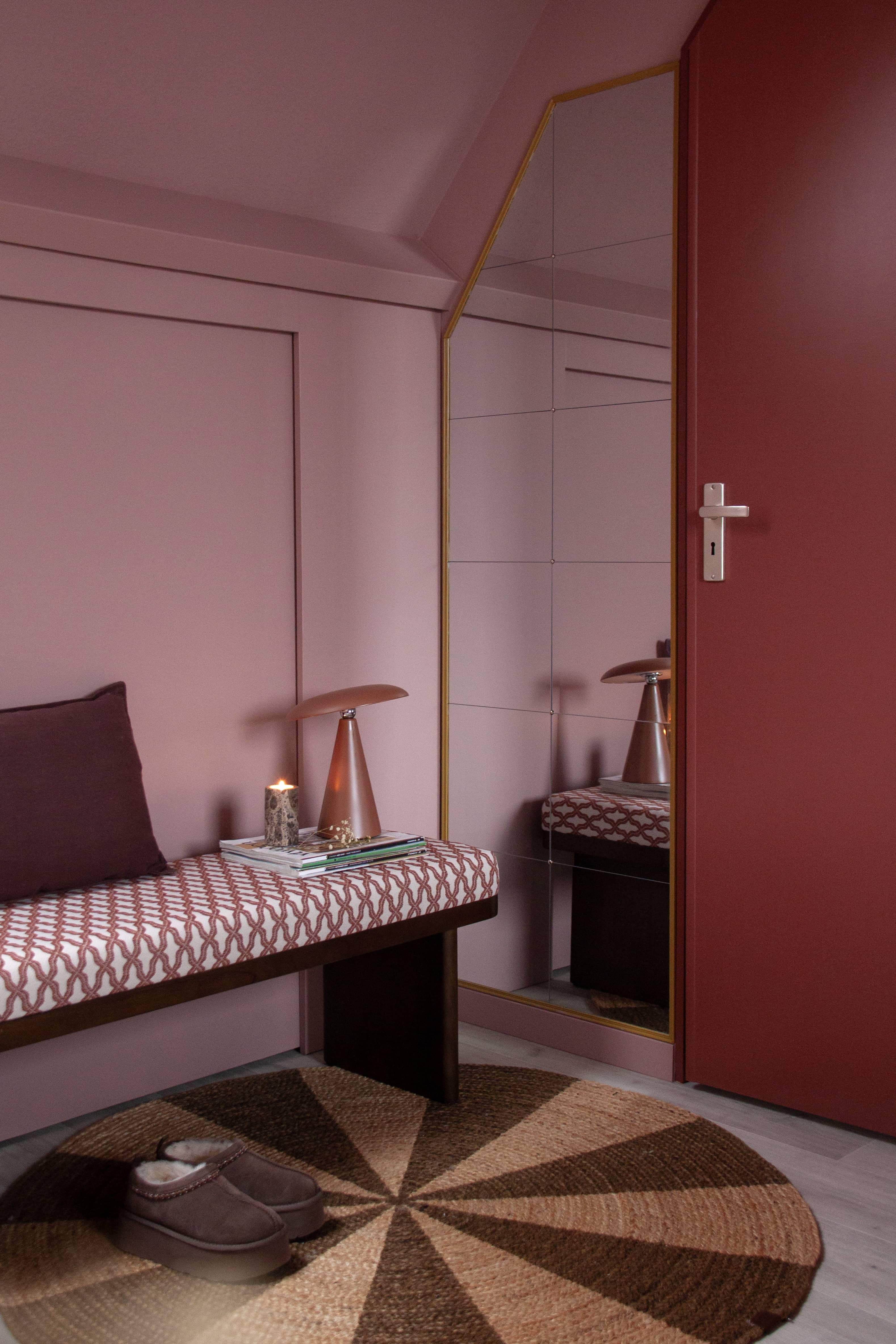 Room with highland rose paint on walls and hanami paint on door