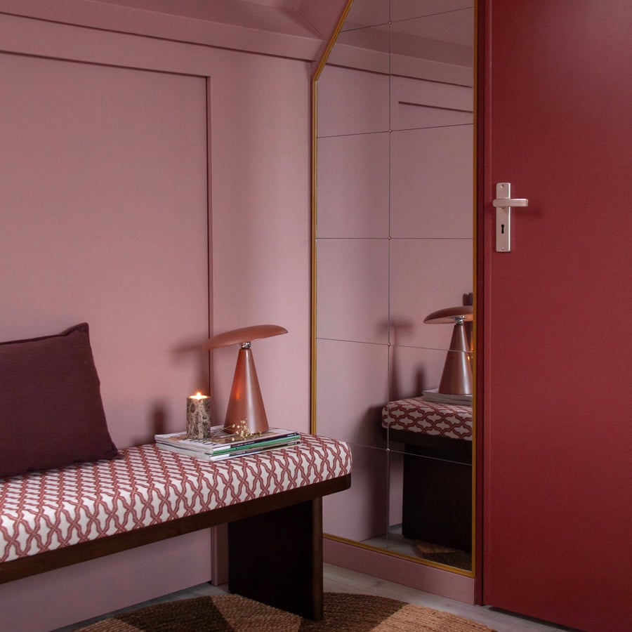 Room with highland rose paint on walls and hanami paint on door