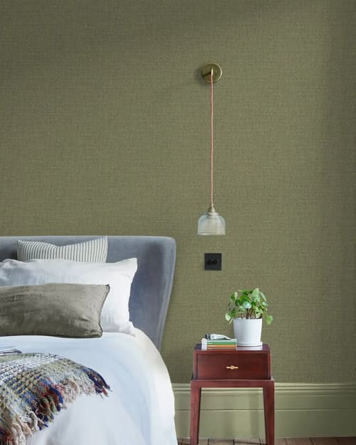bedroom roomset featuring Albion green wallpaper