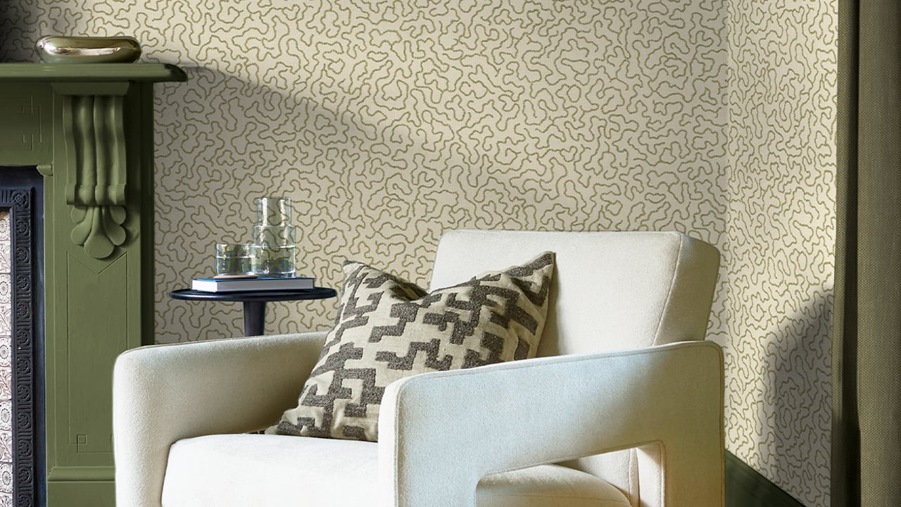 Watery Lane Linen Wallpaper in a living room setting