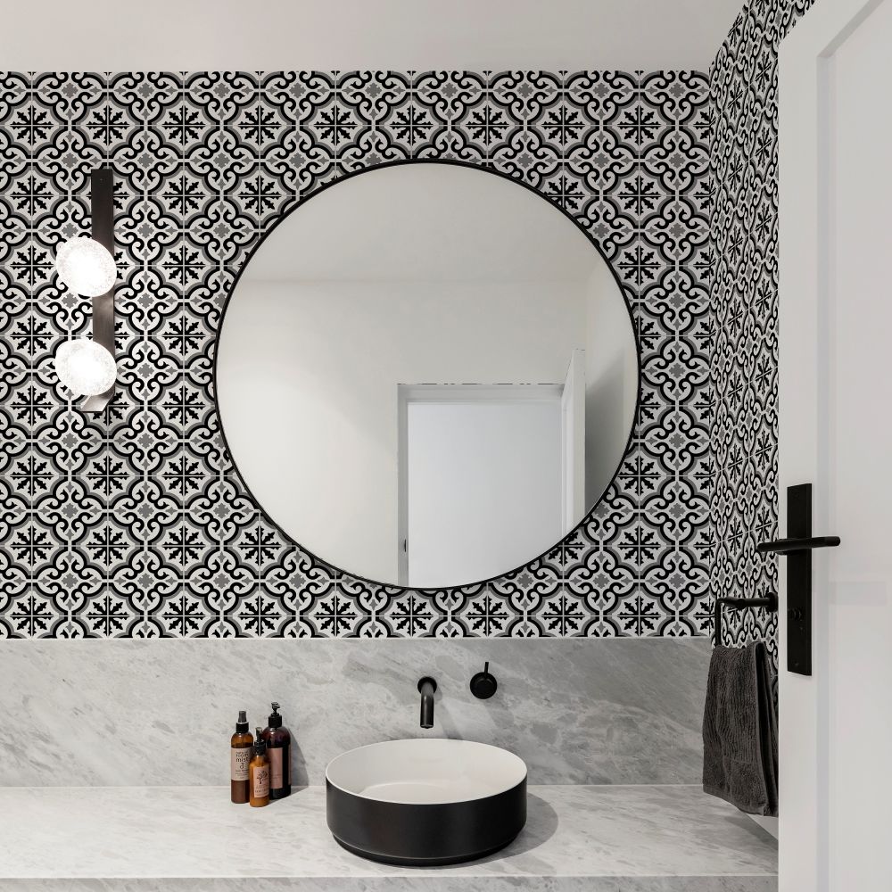 Transform Grecian Black Peel and Stick Wallpaper in a bathroom with sink and mirror