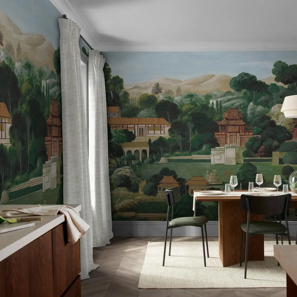 Jade Pavillion Dusk Mural & Cambridge Cream Paint & Wallace Chalk Curtains