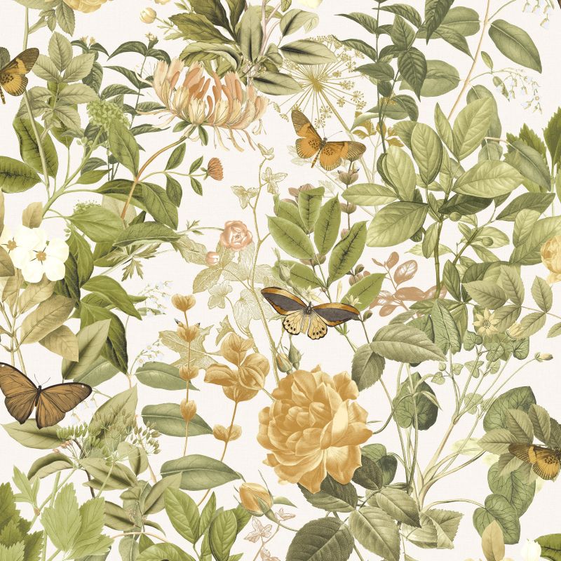 Bodnant Garden wallpaper design detail in a creme brulee yellow colourway
