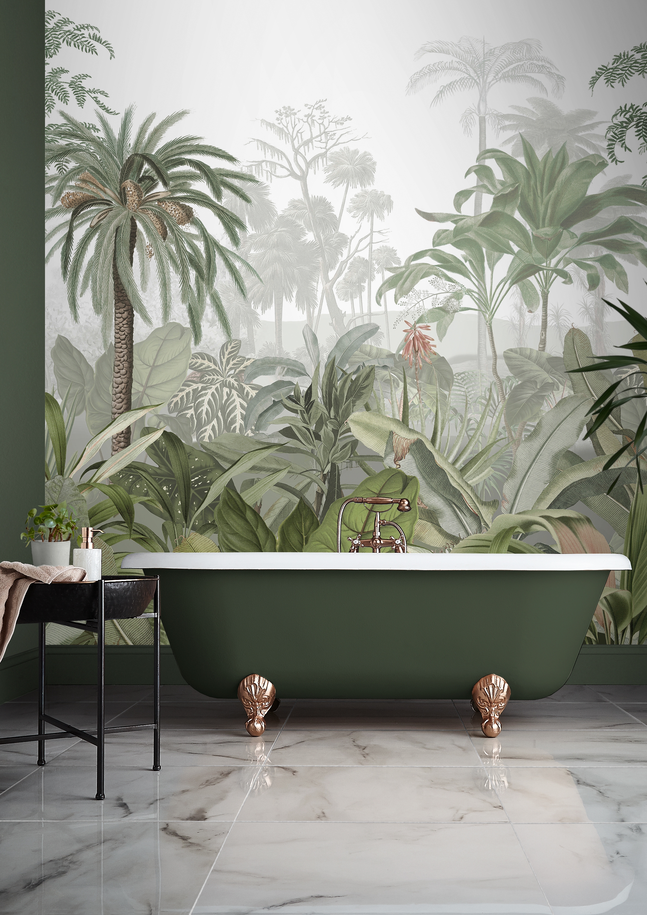 Landschap op maat fotobehang in badkameromgeving