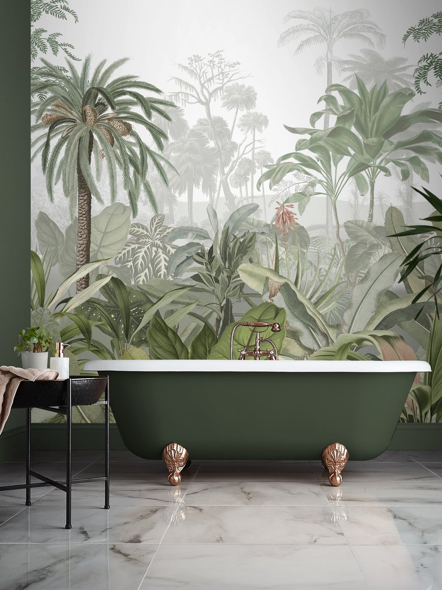 Landschap op maat fotobehang in badkameromgeving