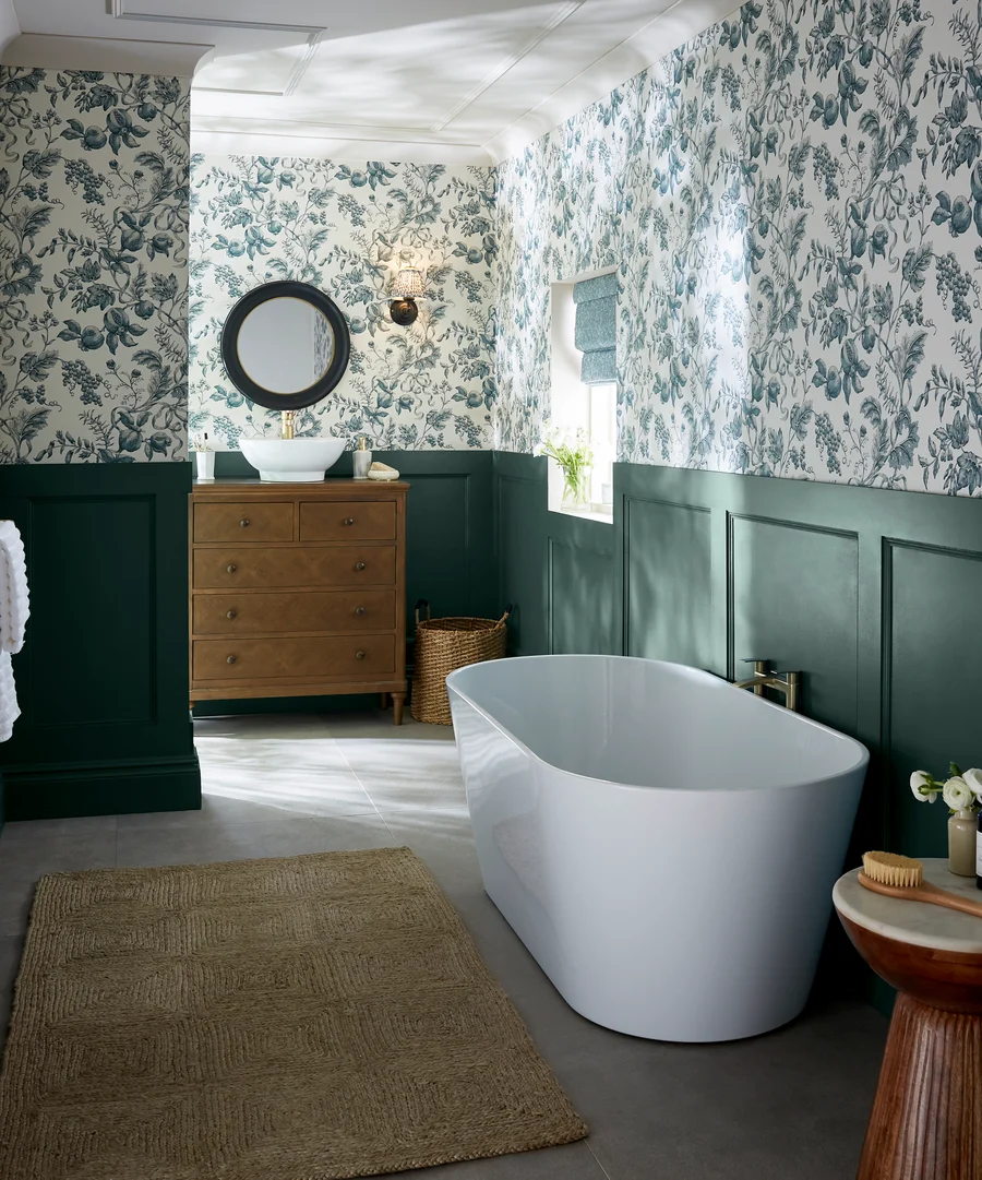 bathroom roomset of roman navy wallpaper and petrol paint
