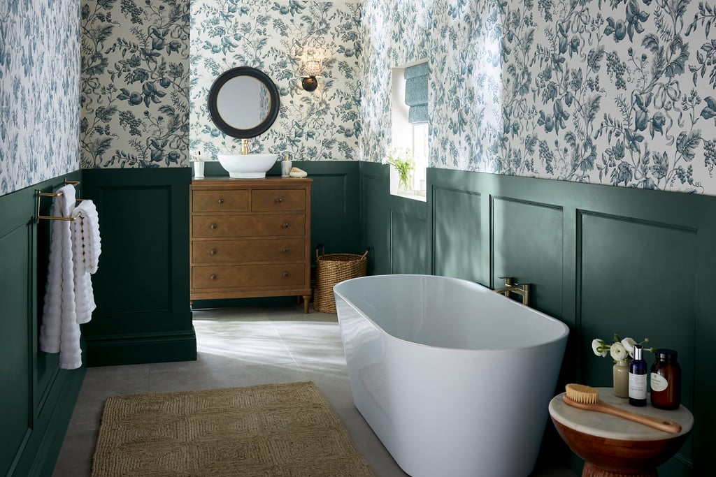 Roma Navy Wallpaper in a bathroom setting