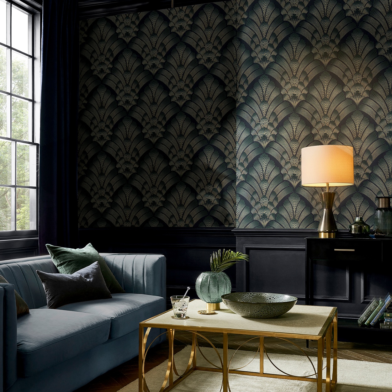Renaissance Petrol wallpaper in a living room setting