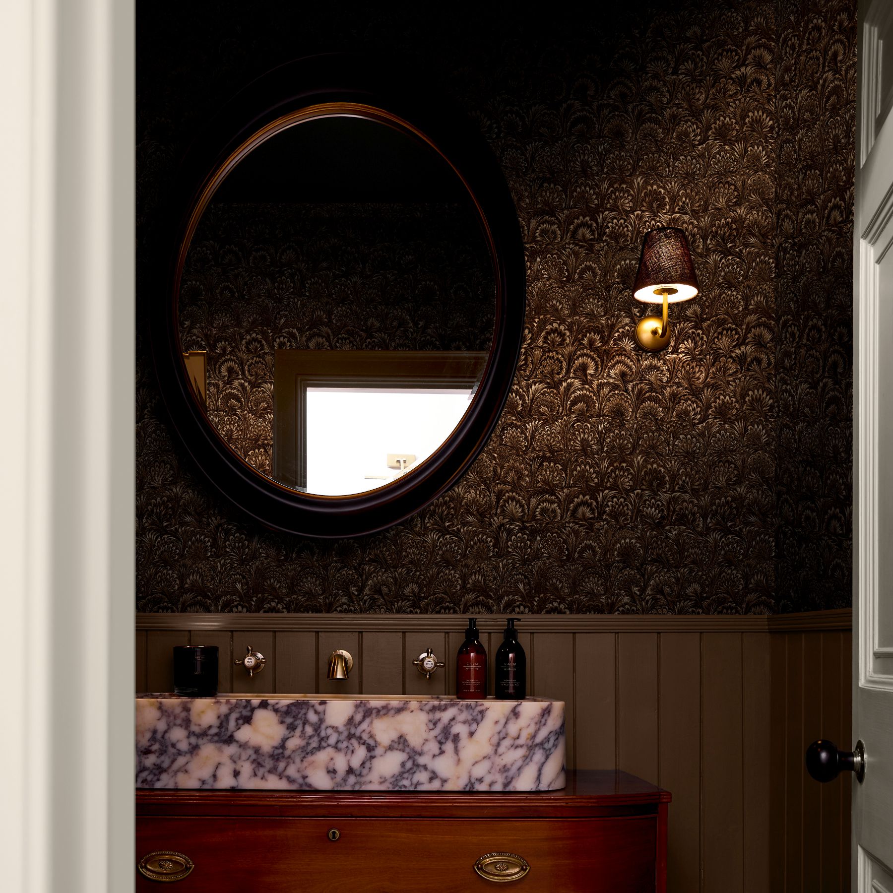 Truffle Chocolate Wallpaper in a bathroom setting