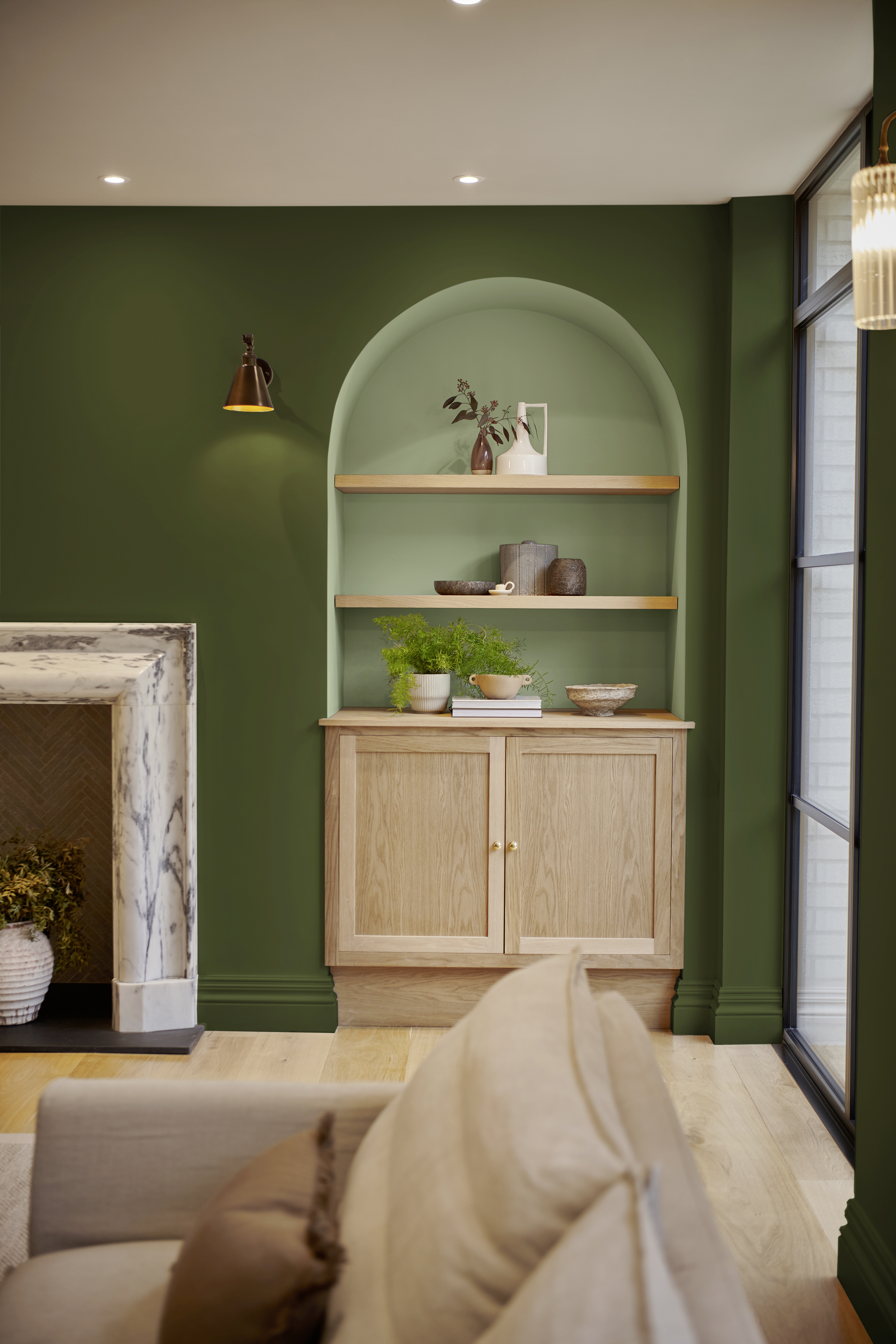 Living room alchove painted in Willow and Forest for a serene setting