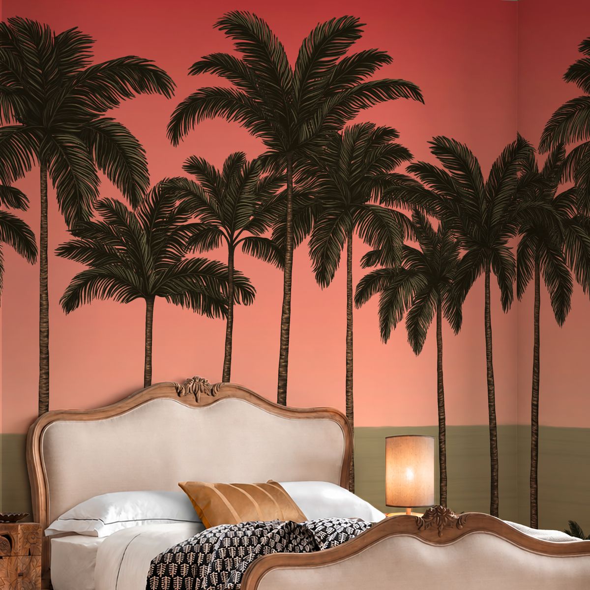 Rockett St George Palm Paradiso Coral Bespoke Mural in a bedroom with bed in front