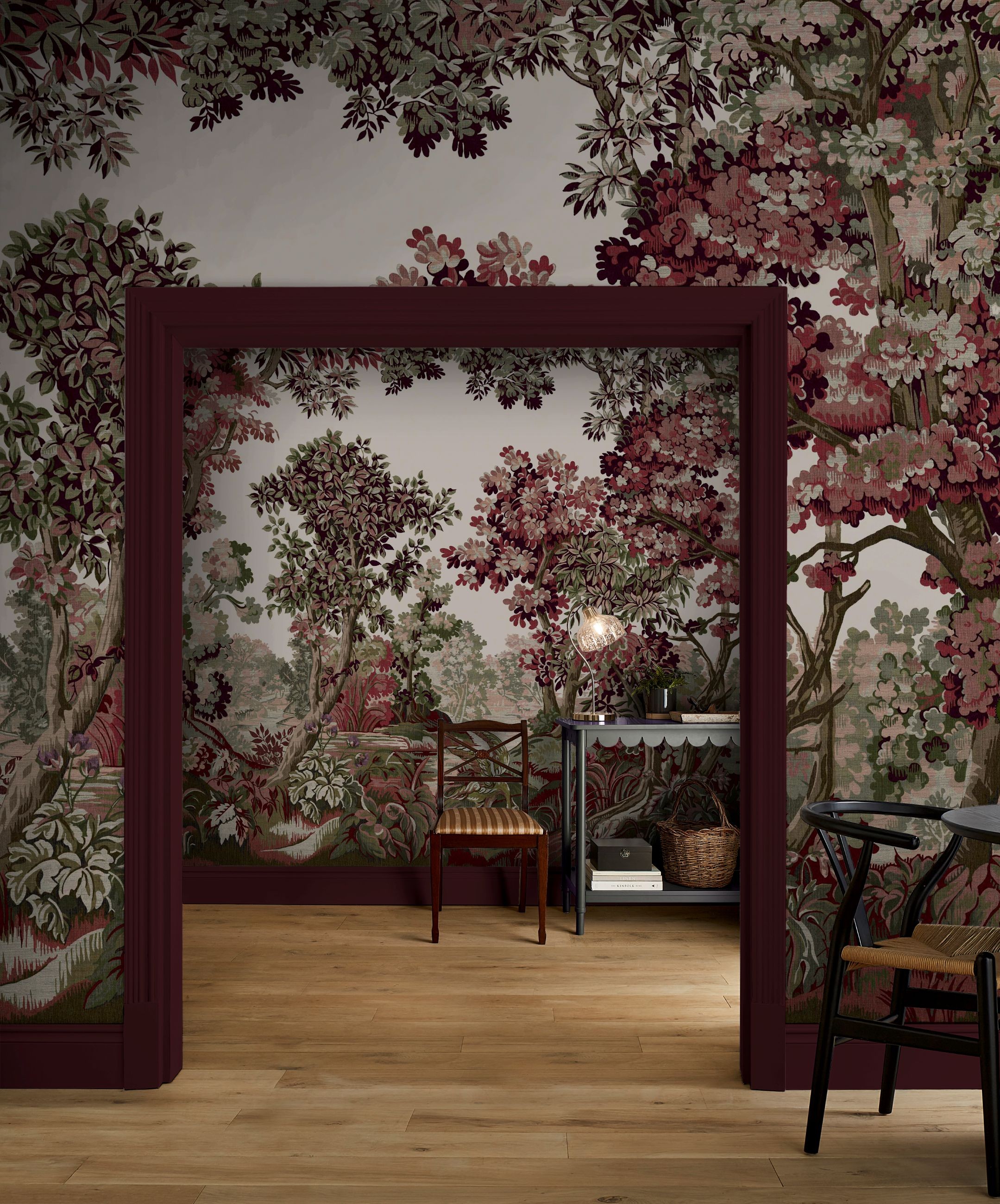 Bodenham Divine Damson Bespoke Mural in a dining room setting partnered with Divine Damson Paint on the skirtings