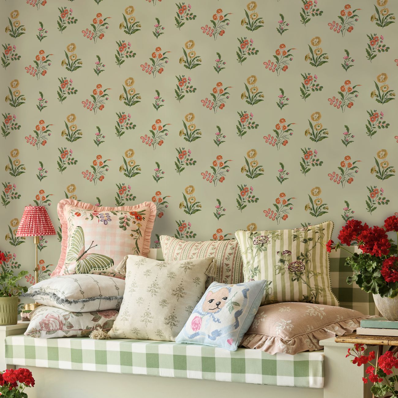 Cath Kidston Flutter Bunches Sage Garden Roomset Image on a day bed with check base and lots of Cath Kidston cushions