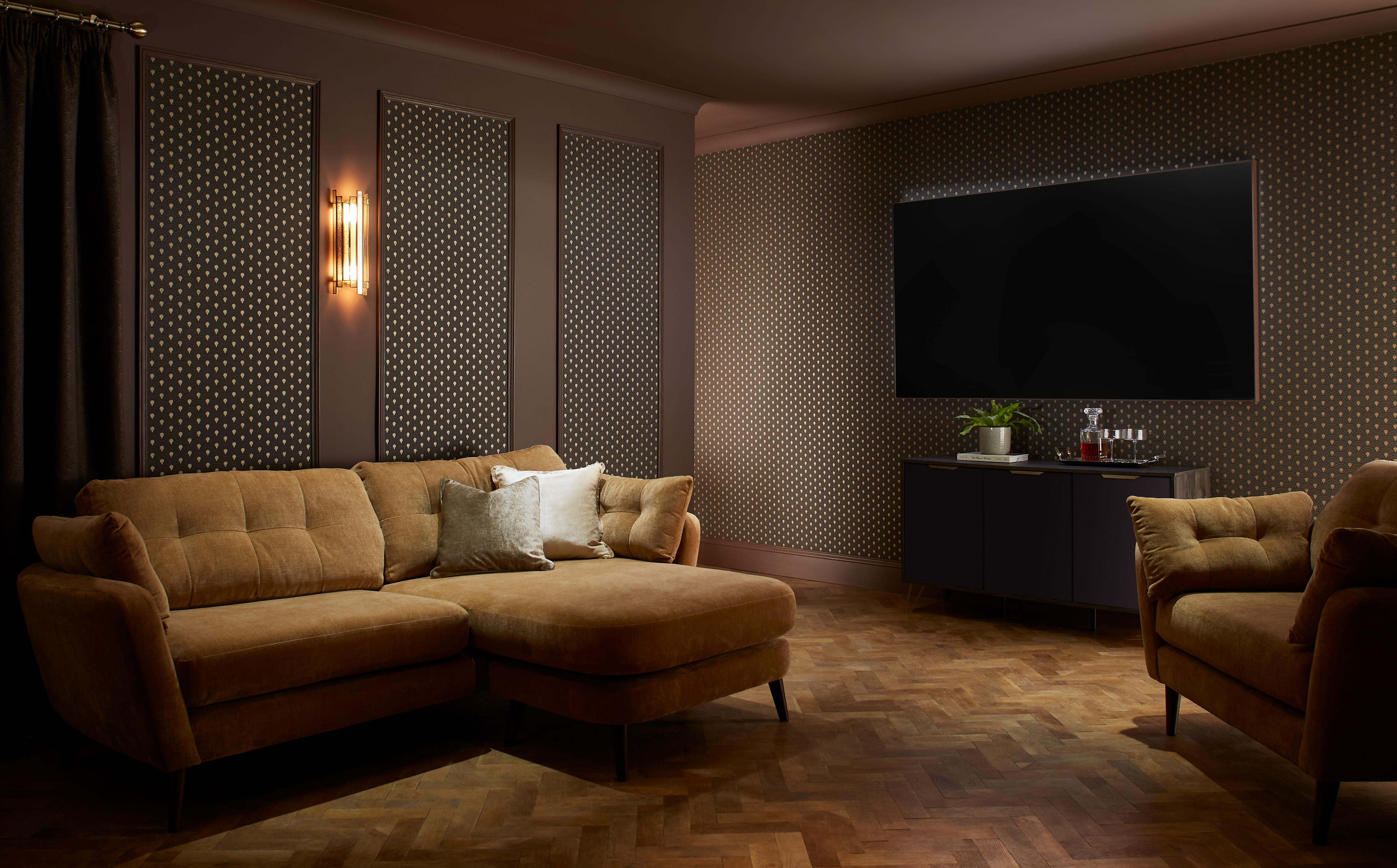 Nouveau Elderton wallpaper coordinated with Dapple Brown curtains in a living room setting