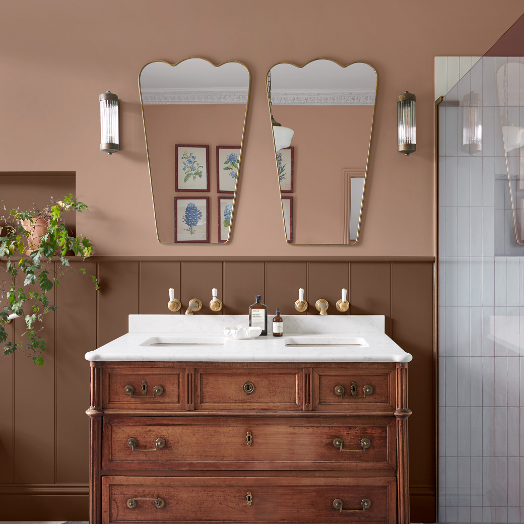 Dual mirror and sink bathroom with hot mocha paint on walls