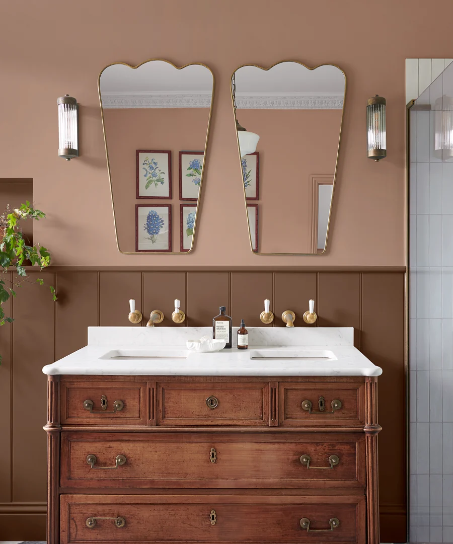 Bathroom room set with cabinet and mirrors featuring hot mocha paint