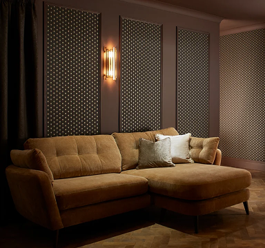 Roomset Nouveau Elderton walpaper & Paint & Dapple Deep Brown Curtains
