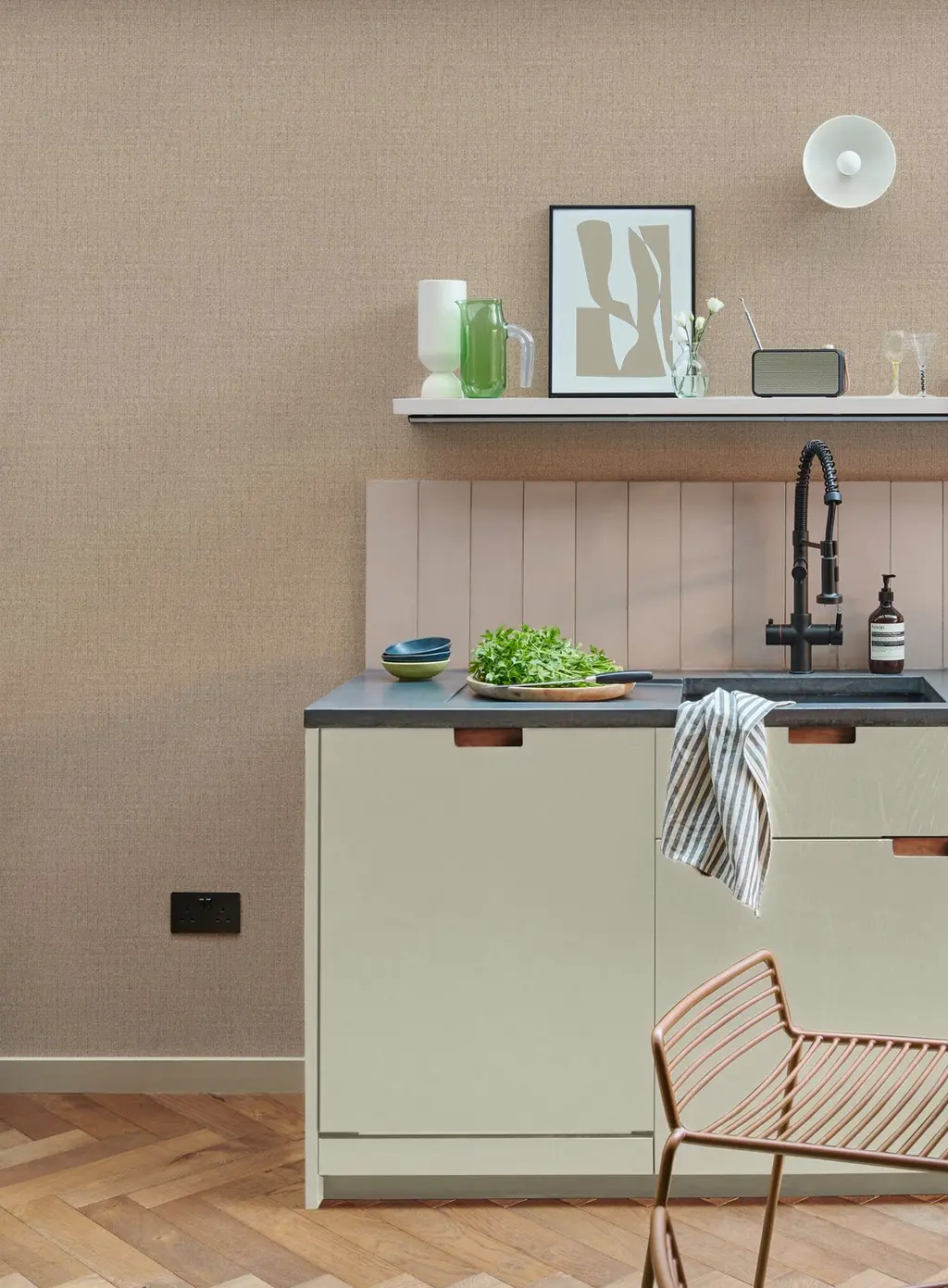 Room shot of Albion Texture Neutral Wallpaper in a kitchen