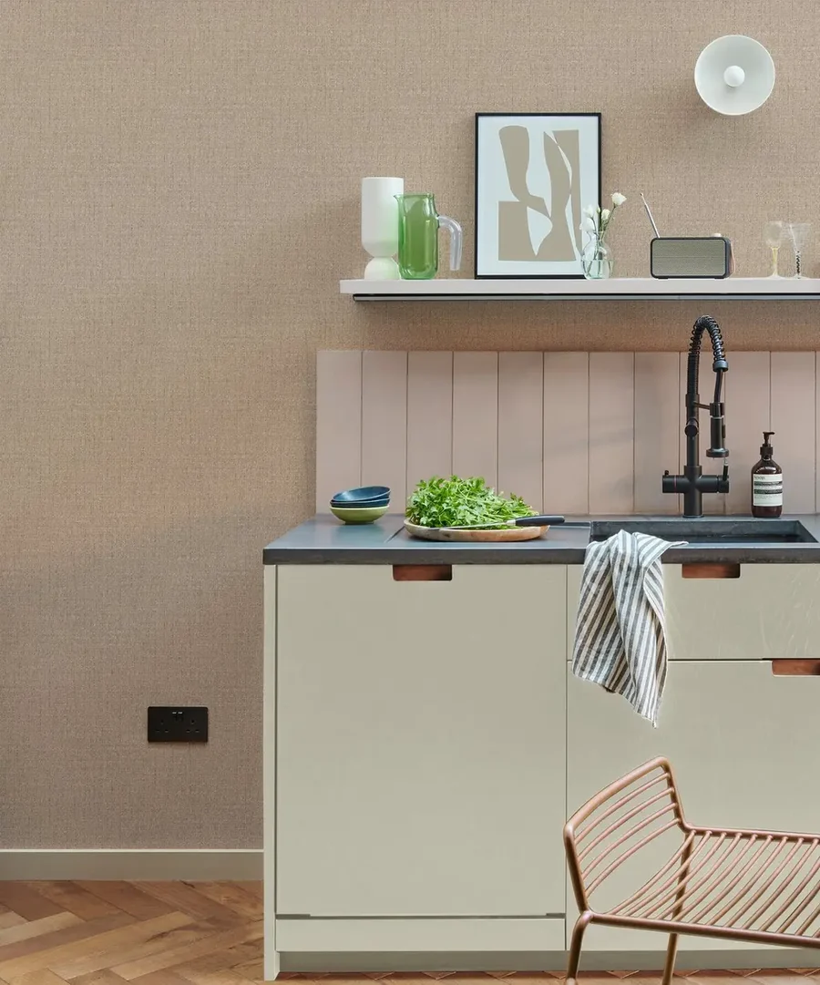 Room shot of Albion Texture Neutral Wallpaper in a kitchen