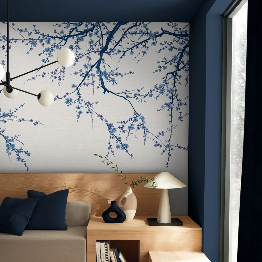 bedroom roomset featuring Sakura sky bespoke wall mural