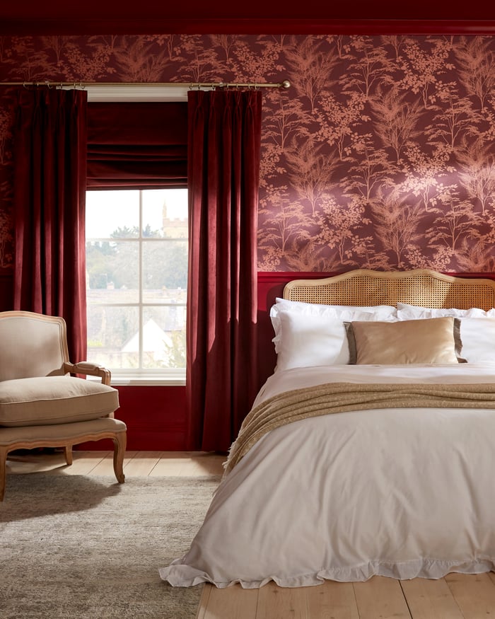 Mystic Divine Damson wallpaper with coordinating paint, curtains and blinds in a bedroom setting