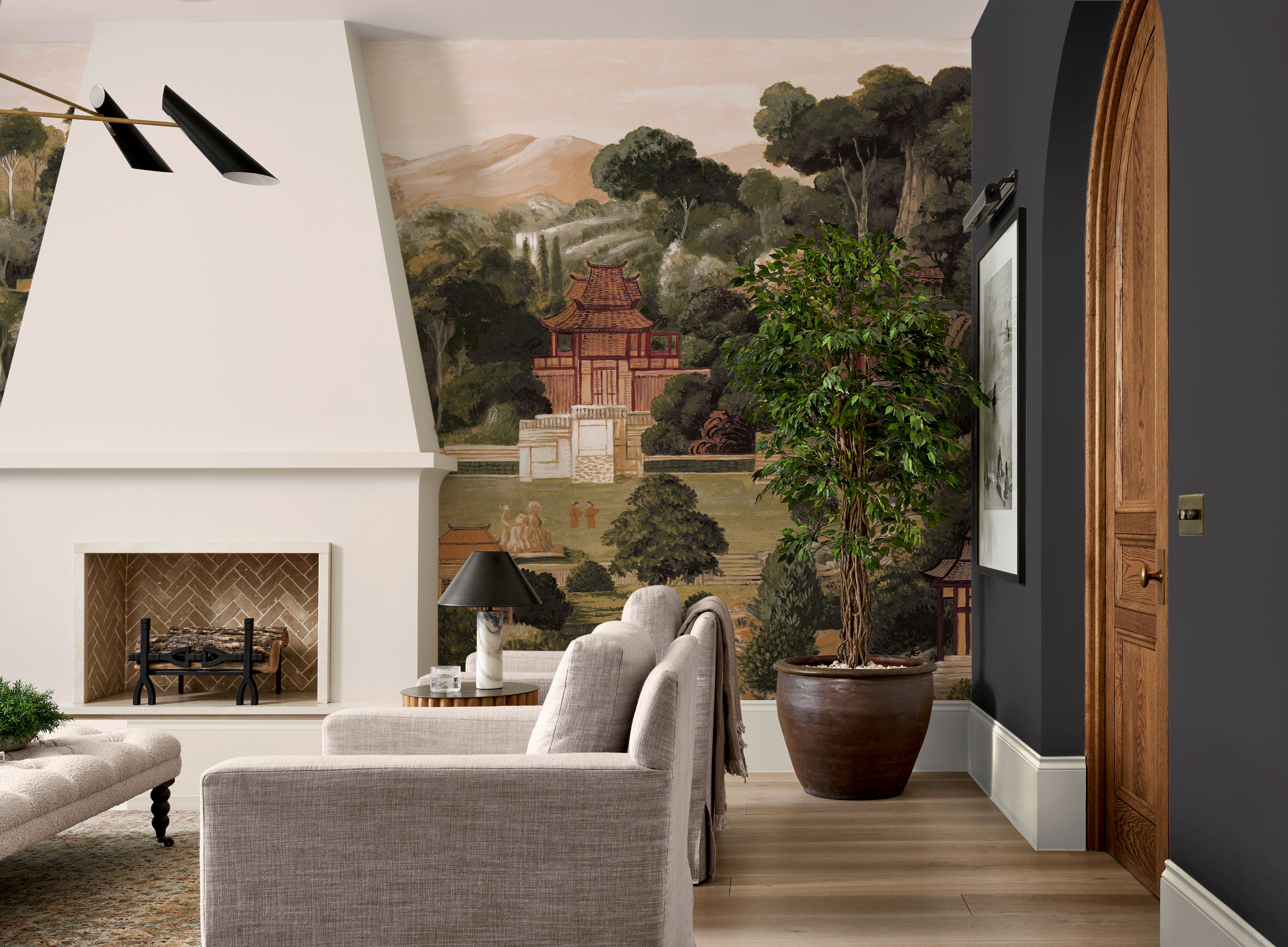 Jade Pavillion Dawn Bespoke Mural in a living room setting