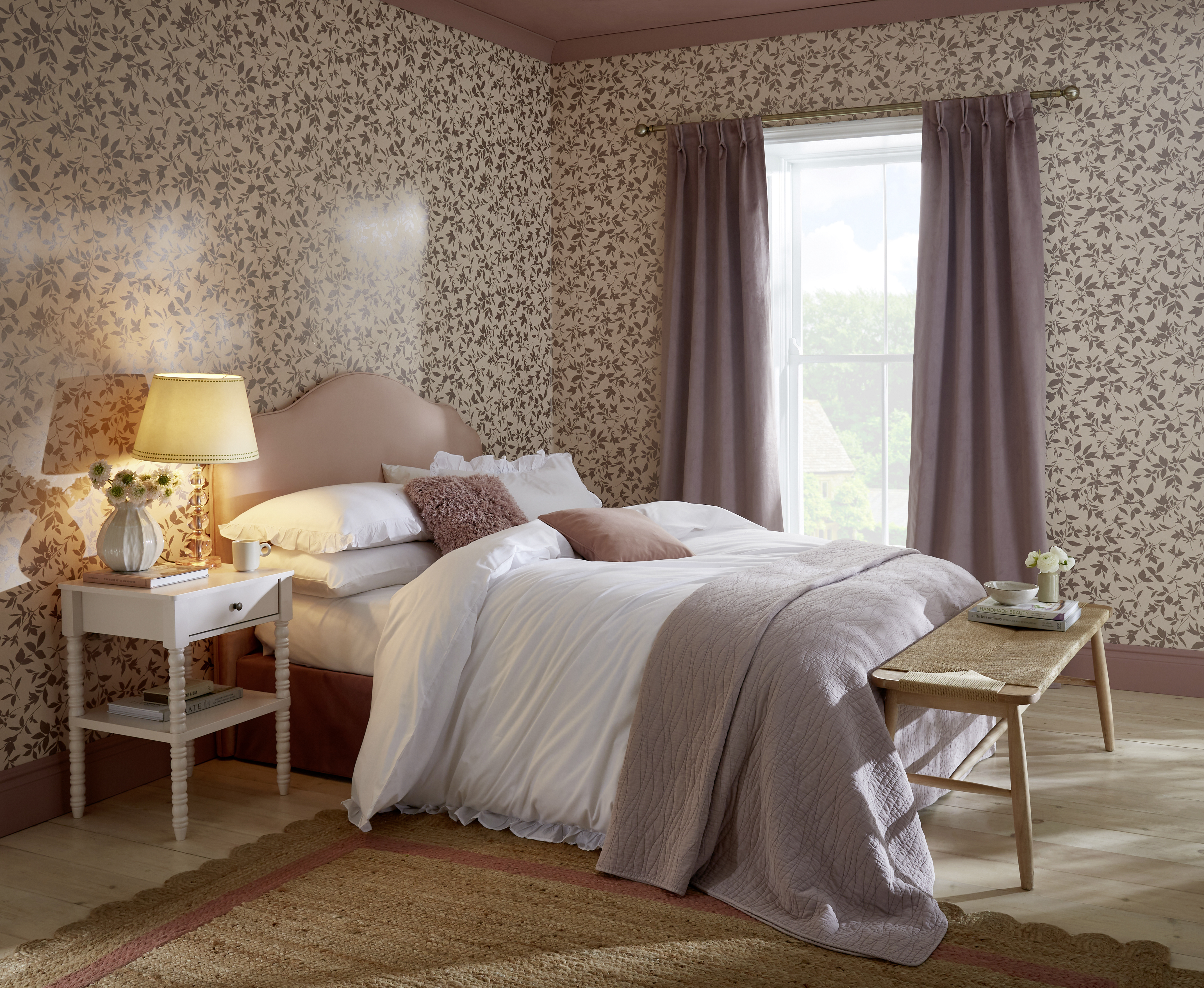 Midsummer Whispering Rose wallpaper in a bedroom setting