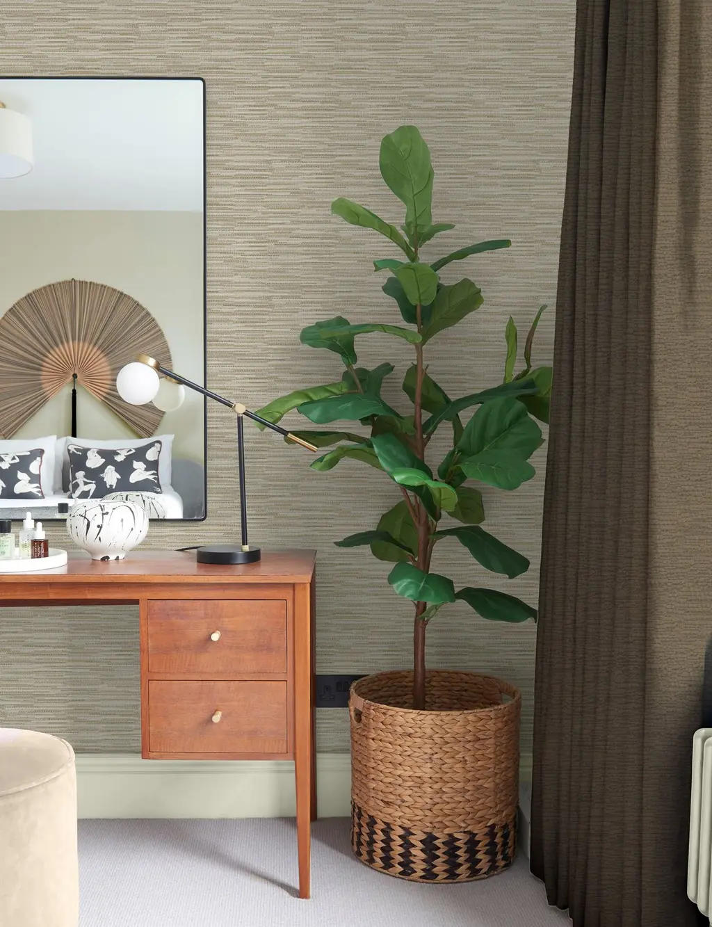 Roomshot of Grasscloth Neutral Wallpaper with dressing table