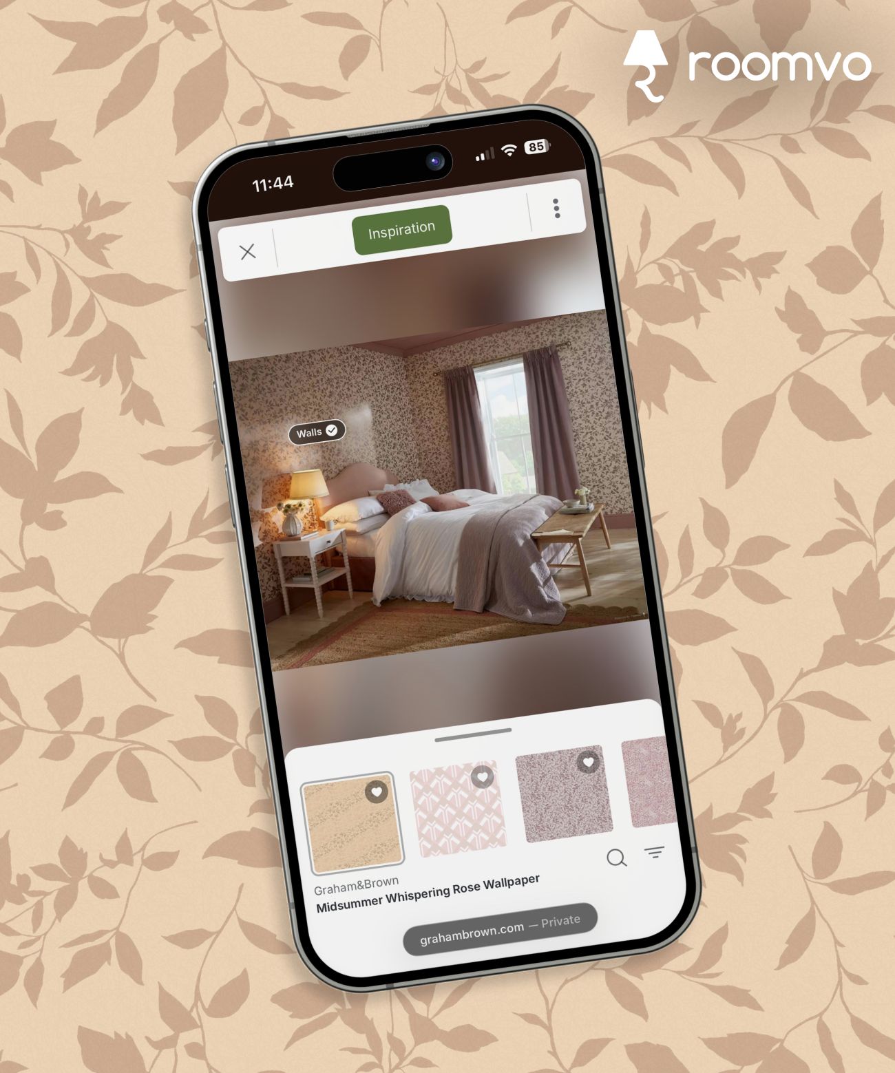 Roomvo mobile demonstration using Midsummer Whispering Rose Wallpaper
