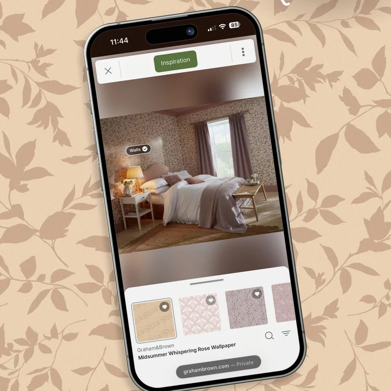 Roomvo mobile demonstration using Midsummer Whispering Rose Wallpaper